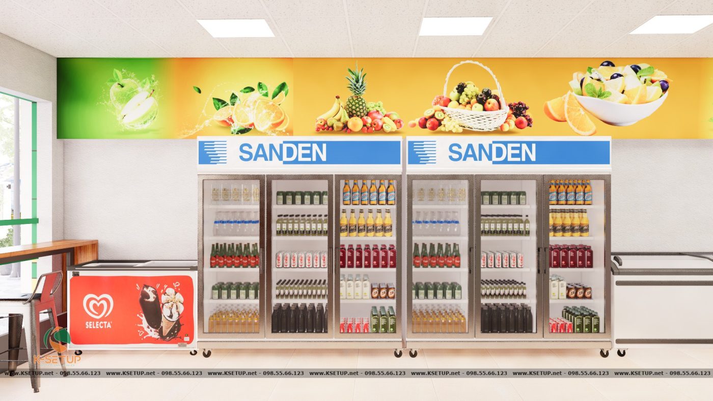 Mô hình cách sắp xếp tủ đông, tủ mát được mô phỏng trên bản vẽ thiết kế siêu thị mini.