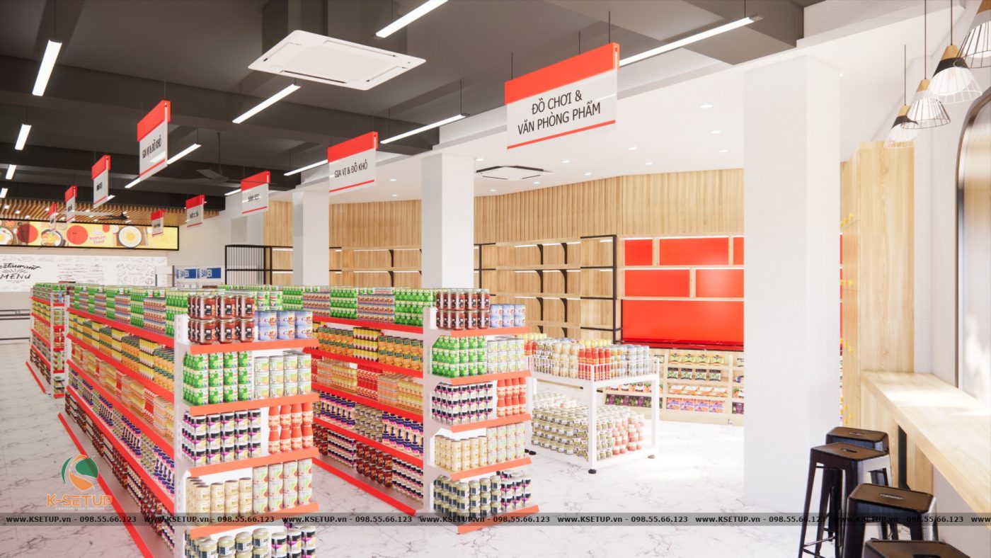 Kệ trưng bày hàng hóa được mô phỏng trên bản vẽ thiết kế siêu thị mini.