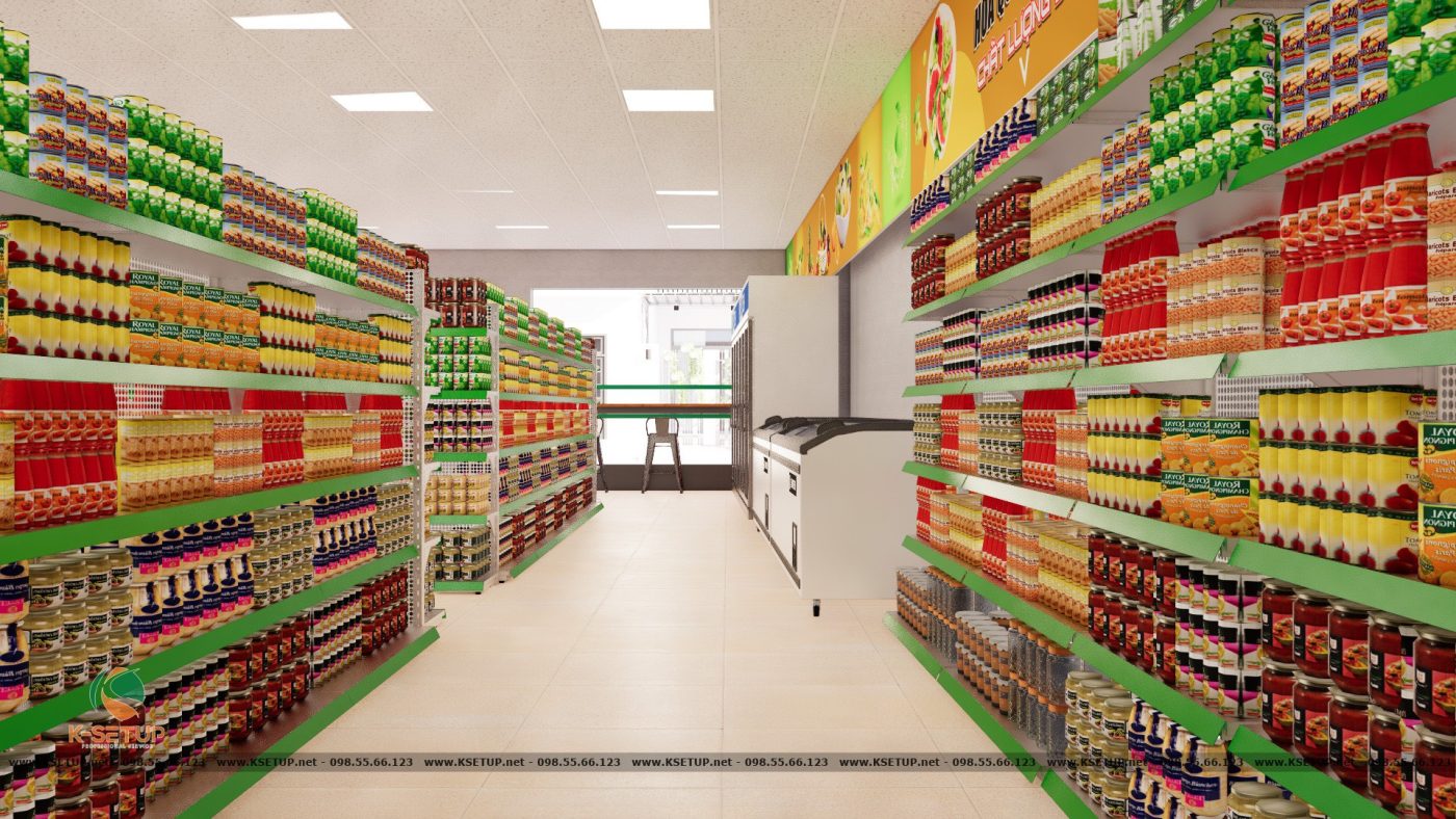 Mô hình mô phỏng bố cục sắp xếp các kệ trong siêu thị mini.